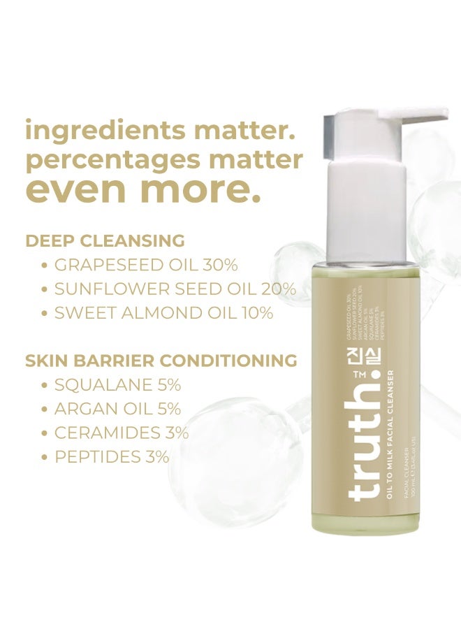truth 진실 OIL TO MILK CLEANSER 100ml. GRAPESEED OIL + ARGAN OIL + SUNFLOWER SEED OIL + ALMOND OIL + SQUALANE. - Image 3